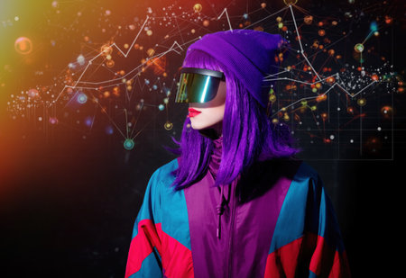 Stylish girl in cyber punk glasses and 80s tracksuit on dark backgroundの写真素材
