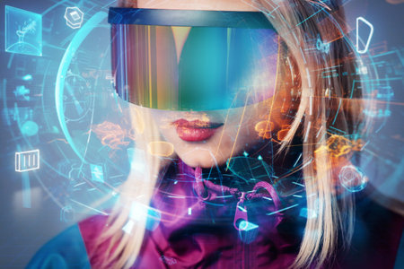 Woman in futuristic glasses on gray background