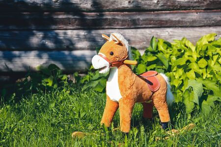 Children's toy rocking horse with a white mane .Texture or backgroundの写真素材