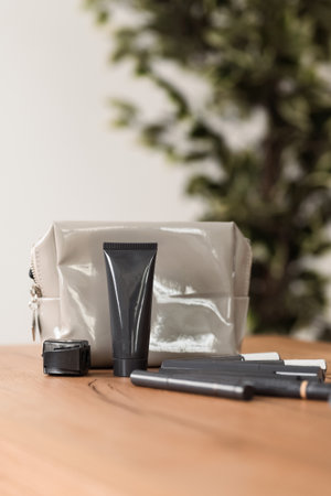 Cosmetic accessories are placed indoors on a table in close-upの写真素材