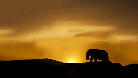 Silhouette of a single elephant at sunsetの写真素材