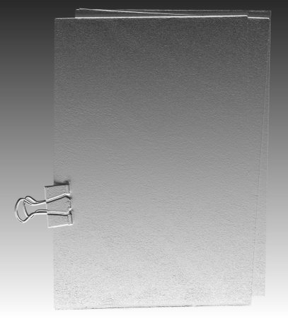 Vertical sheets of paper with a clip on a gray background