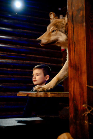 Curious child observing a stuffed wolf in a log cabin