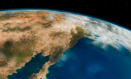 A part of the planet earth from below in close-up in spaceの写真素材