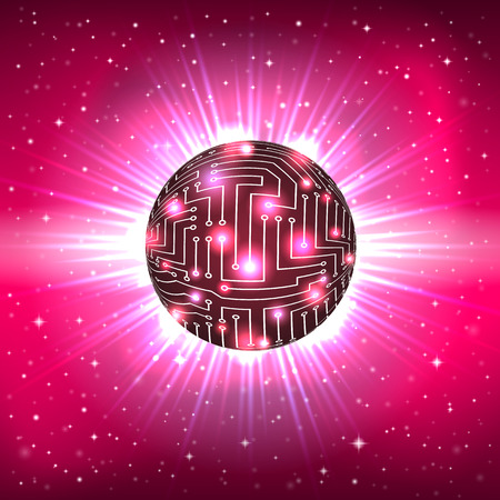 Abstract Shining Sphere with Surface of the Electronic Circuit on a Space Backgroundのイラスト素材