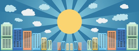 City Panorama of Tall Buildings Against the Blue Sky and Sun with Raysのイラスト素材