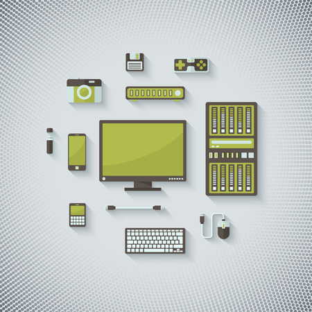 Brown-Green Technology Devices in Flat style with Shadow on Light Halftone Backgroundのイラスト素材