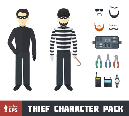 Thief Character Pack with Gadgets in Flat Styleのイラスト素材