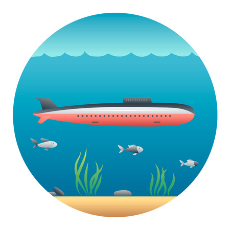 Submarine Floating in the Sea - Circle Detailed Illustration with Gradients and Clipping Mask Isolated on Whiteのイラスト素材