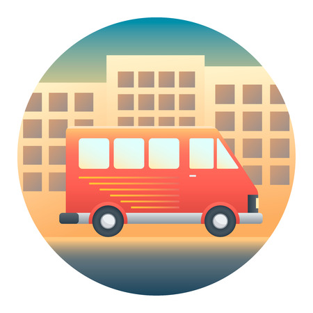 Minivan on the Background of the City at Sunrise - Circle Detailed Illustration with Gradients Isolated on Whiteのイラスト素材
