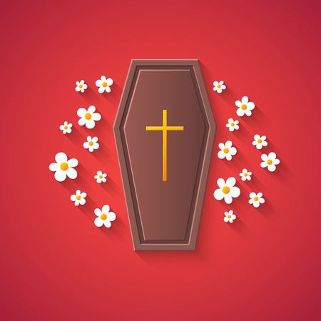 Grave and Flowers â Funny Halloween Carton Illustration with Long Shadow on Red Backgroundのイラスト素材