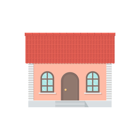 One-storey House with a Tiled Roof, Front View. Detailed Illustration with Shadows Isolated on White Backgroundのイラスト素材