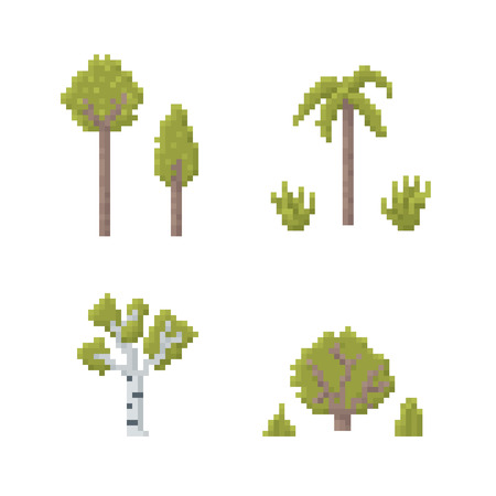 Set of Trees Isolated on White - Old School Pixel Art Illustration