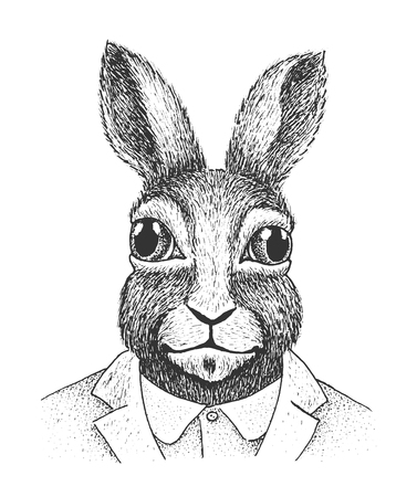 Funny Portrait of Rabbit - Classic Drawn Ink Illustration Isolated on White Backgroundのイラスト素材