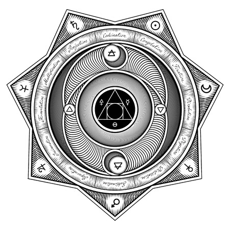 Interaction Scheme of Alchemical Elements with the Titles and Symbols - Vector Illustration Stylized as Engraving Isolated on Whiteのイラスト素材
