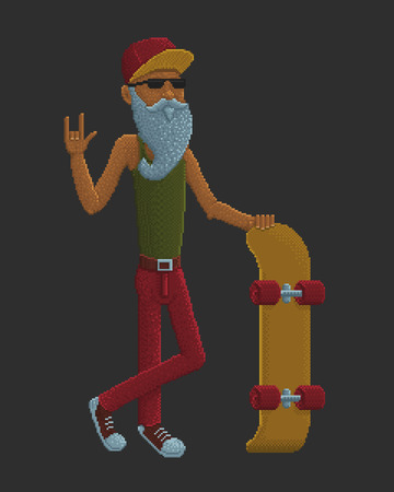 Bearded Old Man with Skateboard - Pixel Art Colorful Vector Illustrationのイラスト素材