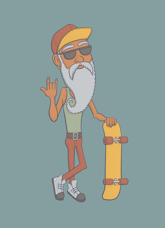 Bearded Old Man with Skateboard - Colorful Vector Illustrationのイラスト素材