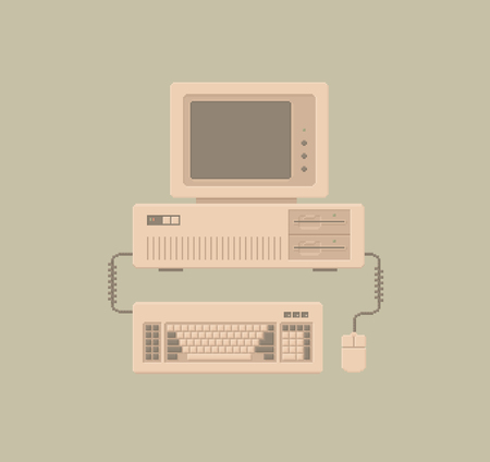 Retro Personal Computer with Keyboard and Mouse - Illustration in Pixel Art Classical Techniqueのイラスト素材