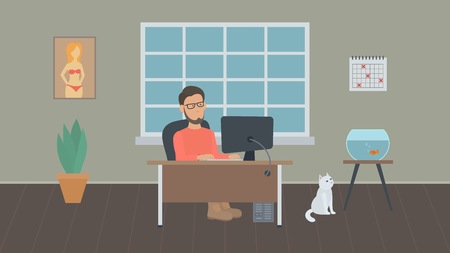 Young bearded freelancer in glasses works at a computer in a home office. Simple vector illustration in flat style.のイラスト素材