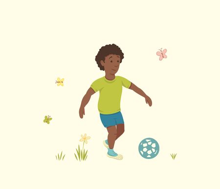 African American Boy Plays with a Soccer Ball Outdoor. Vector Illustration.のイラスト素材
