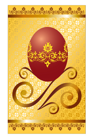 Easter greeting card the image of Easter red egg and a decorative ornament below against from brocade and two strips of a satin strip with lace のイラスト素材