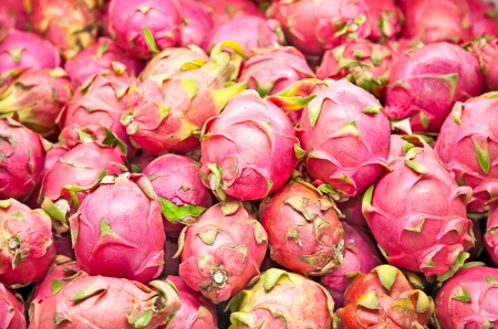 Dragon fruit on market stand on Java, Indonesia.の写真素材