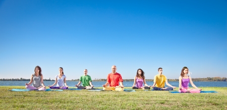 Group of young people have meditation on yoga class  Yoga concept の写真素材