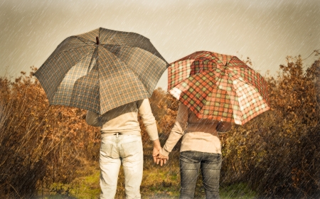 Young couple under an umbrella in the autumn forestの写真素材