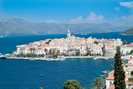 Old medieval town Korcula - panorama. Croatia, Dalmatia region, Europe. の写真素材