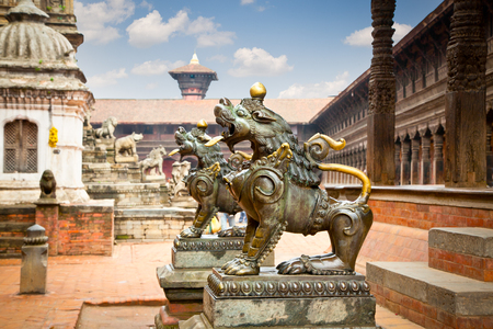 Lion statues of Taleju Chowk on DurbarSquare in Bhaktapur, Kathmandu Valley, Nepal. の写真素材