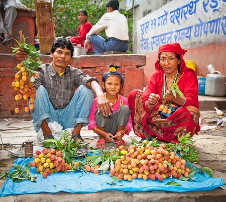 KATHMANDU, NEPAL - MAY 19: Family sell lychee fruits on a street market in Kathmandu on May 19, 2013. On United Nations list Nepal as one of the Least developed country in the world.のeditorial素材