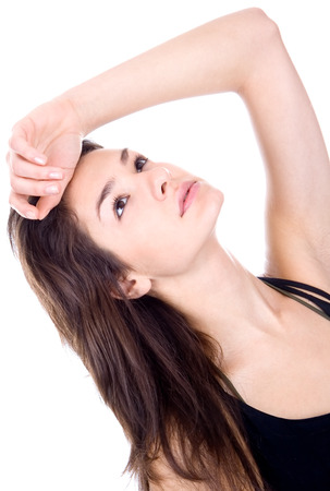 Beautiful brunette looking upの写真素材