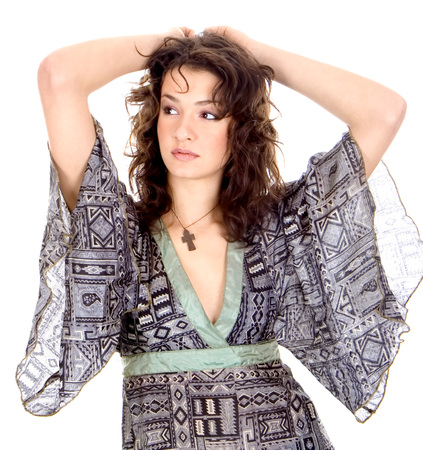 Beautiful brunette standing and show singhの写真素材