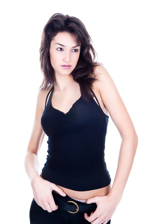 Portait beautiful young woman with long dark hair. On white backgroundの写真素材