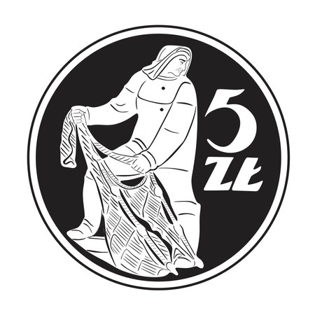 poland coin 5 cent with fisherman handmade silhouetteのイラスト素材