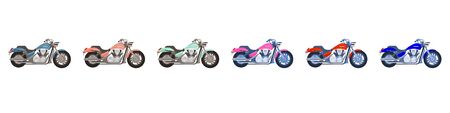 Set of vector of chopper motorcycles isolate on white background in different colours. Side view....