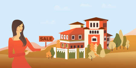 Cottage house and trees, town view, for landing web site template.のイラスト素材