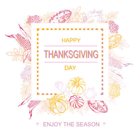Thanksgiving typography. Hand drawn vector illustration with pumpkins, leaves, turkey in fall colors. design for prints, flyers,banners, invitations,special offer, greeting cardのイラスト素材