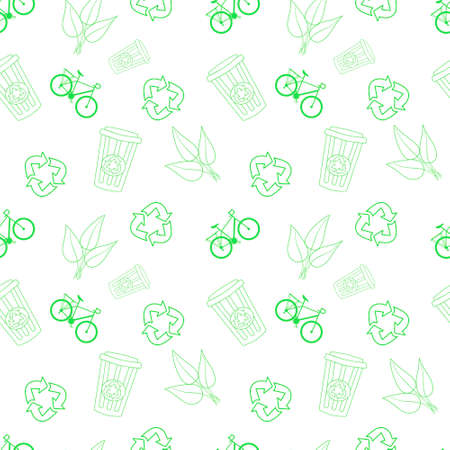 Seamless pattern of recycle sign, bicycle, waste can, leaf in green colour.のイラスト素材