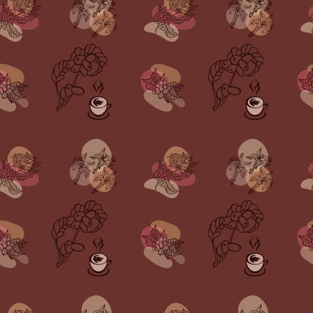 Seamless pattern of hand drawn coffee branch and flowers, for wrapping paper, wallpaper, fabric pattern, backdrop, print, gift wrap, cover of notebook, envelopeのイラスト素材