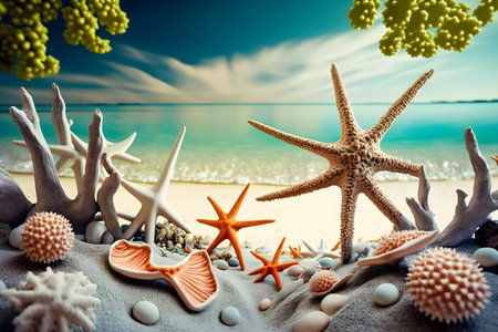Sea and starfishes on a sandy beach. Collage.の素材