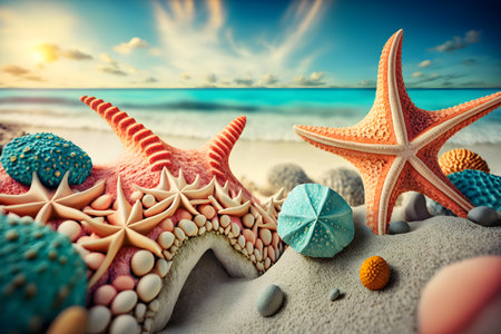 Starfish and seashells on the beach. Collage.の素材