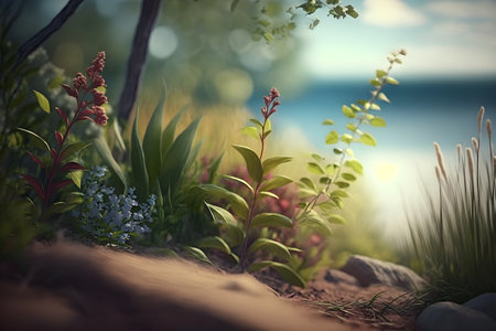 Beautiful fantasy landscape with grass and flowers. 3d illustration.の素材