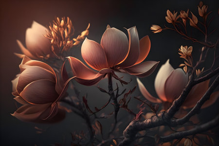 Beautiful magnolia flowers on a dark background. Digital illustration.の素材