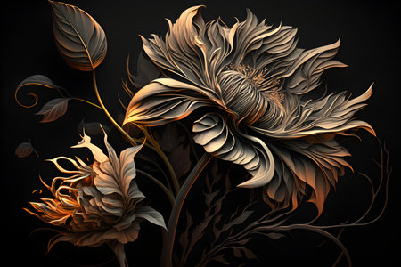 Digital illustration of a dahlia flower in gold and black backgroundの素材