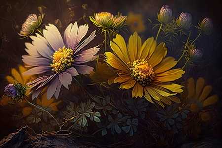 Digital painting of daisies in the meadow at sunset.の素材