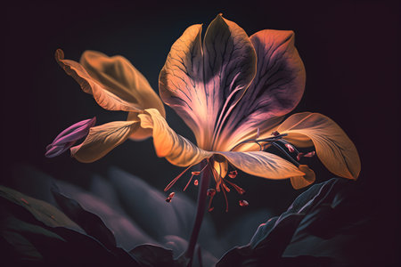 Colorful hibiscus flowers on dark background. Toned.の素材