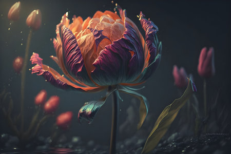 colorful tulip on dark background, filtered and toned imageの素材