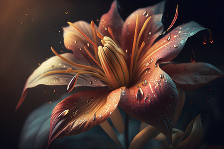 Beautiful orange lily flower with water drops on a dark backgroundの素材
