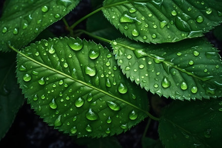 Water droplets on green leaves after rain in the morning. Natural background.の素材
